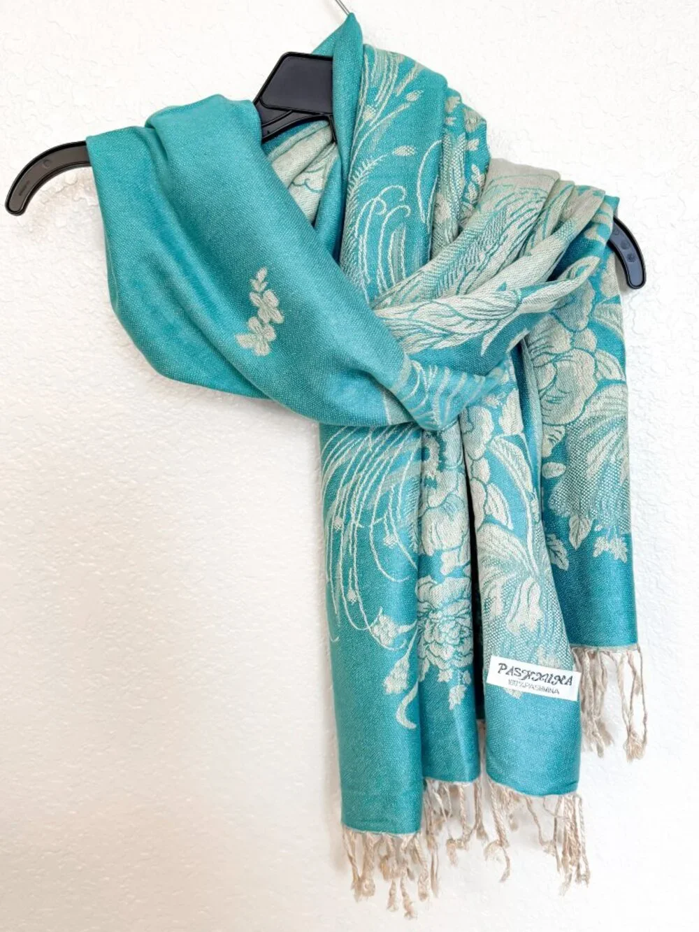 100% Pure Pashmina Wool Scarf Wrap Turquoise Blue Beige Floral Oversized Shawl
